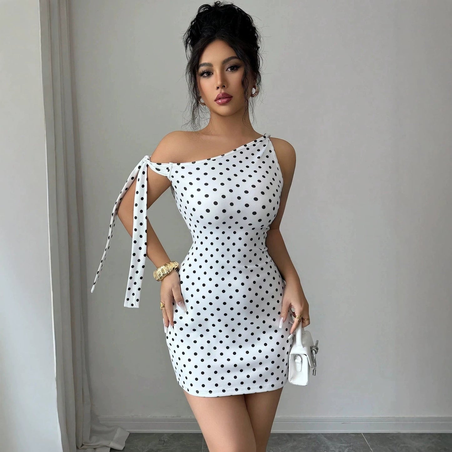 Polka Dot Off-Shoulder Strap Mini Dress – Slim Fit High Waist Bodycon