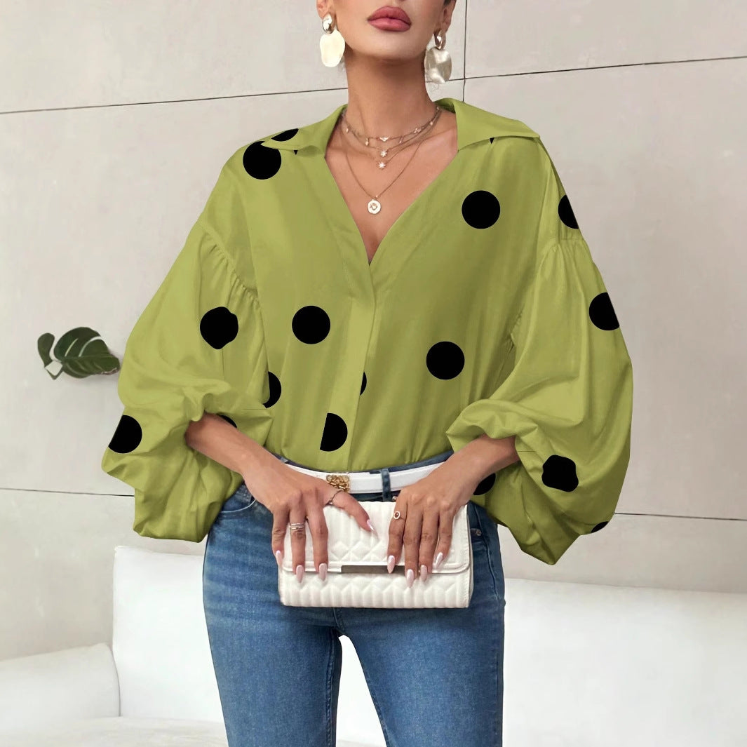 Polka Dot Loose Bubble Sleeve Top – Half-Open Neck Long Sleeve