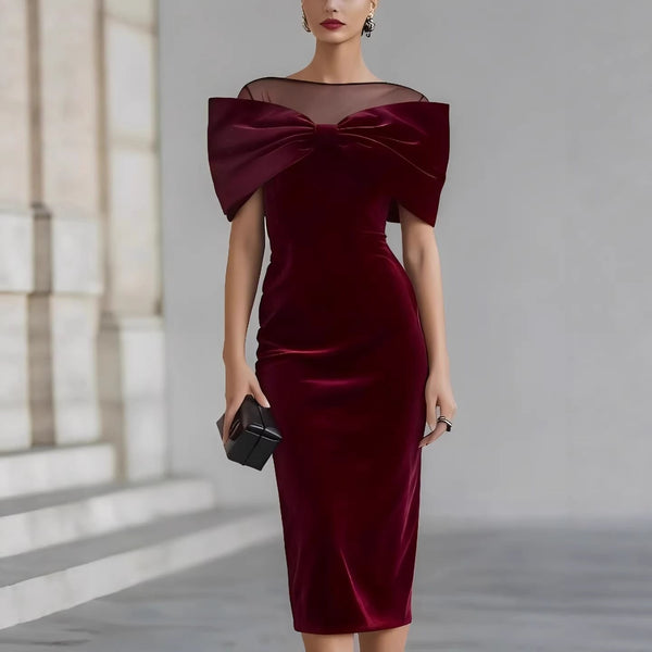 One-Shoulder Velvet Gold Thread Dress – Elegant Midi Dress in Black & Red