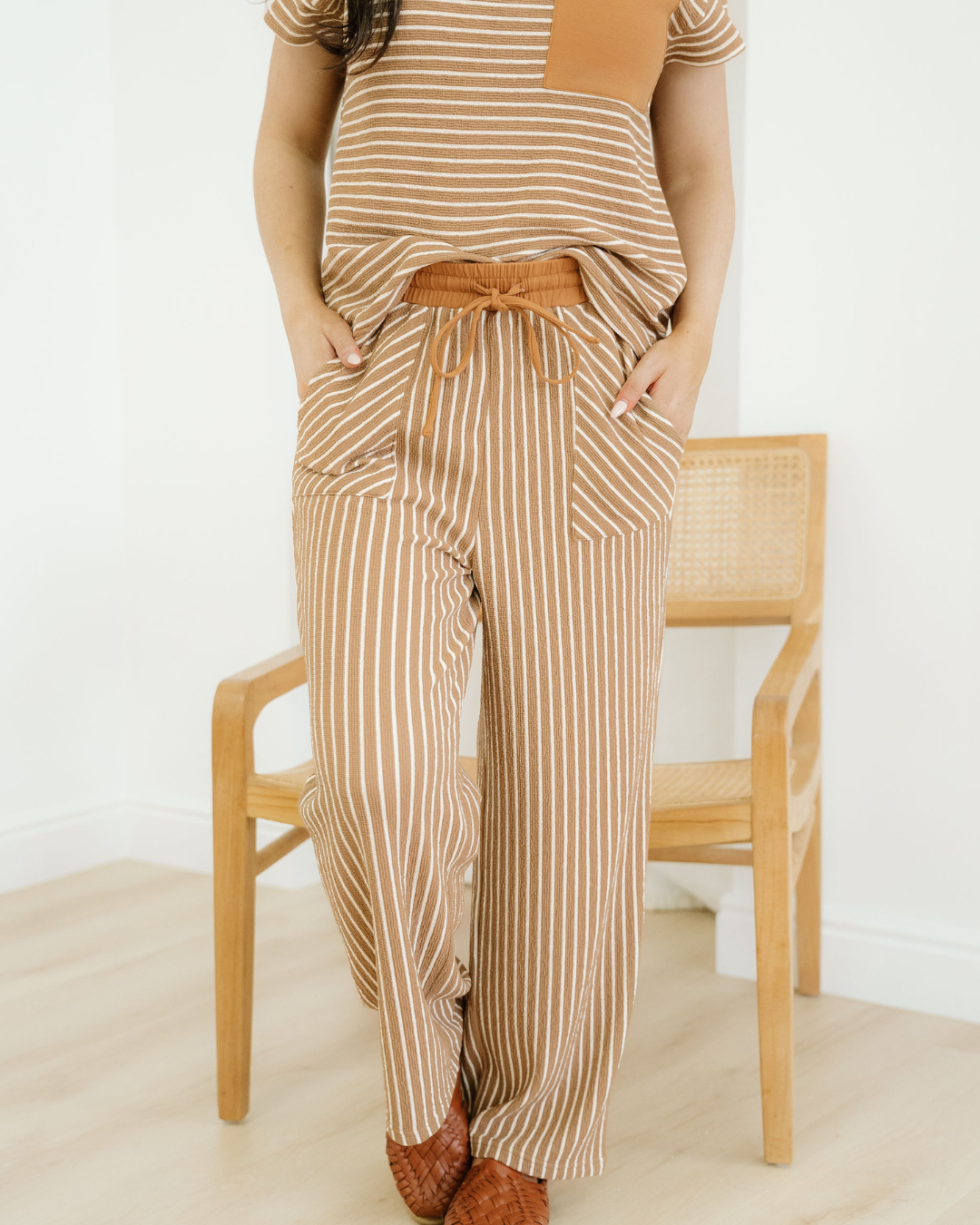 Rowen Stripe Crew Neck Tee Drawstring Waist Cropped Pants Set