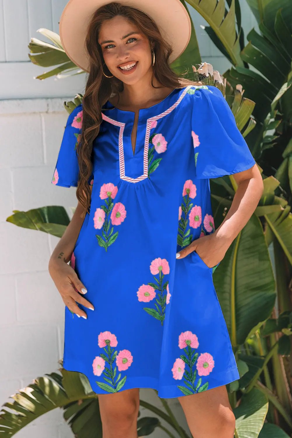 Mini Dress - Blue Floral Short Sleeve - Southern Belle Style