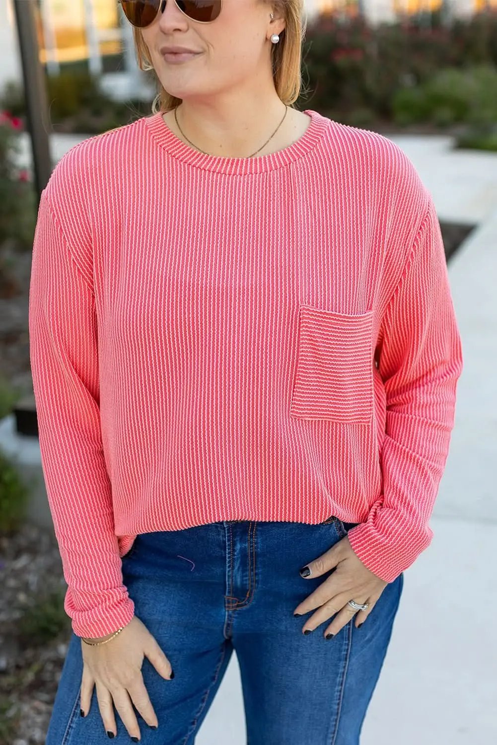 Love Salve Peach Blossom Ribbed Tee Plus Size Women's Versatile Top - Chic & Fashionable