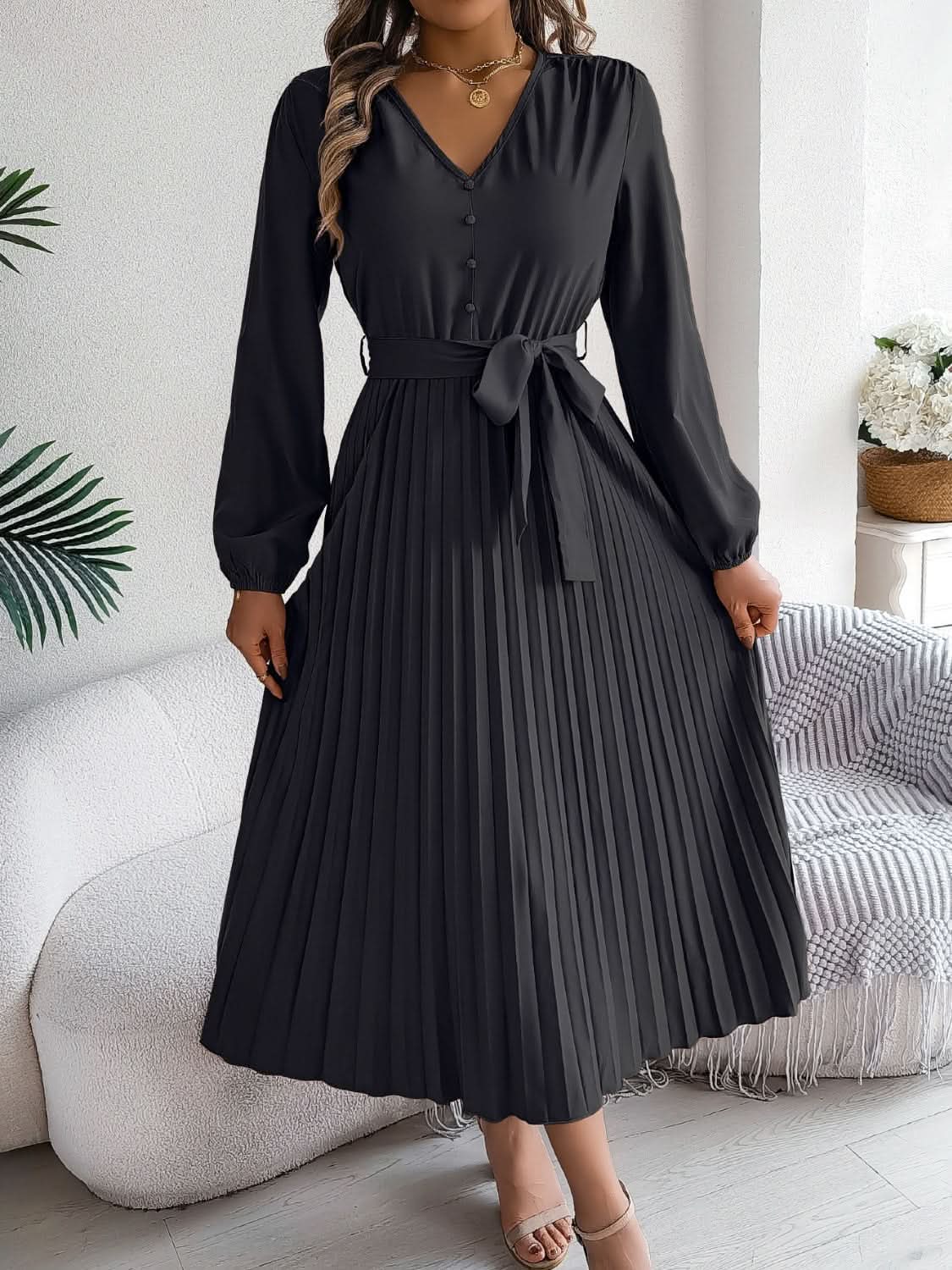 Trendsi V-Neck Dress Women's Elegant Long Sleeve Sheer Tie Dress Fashion