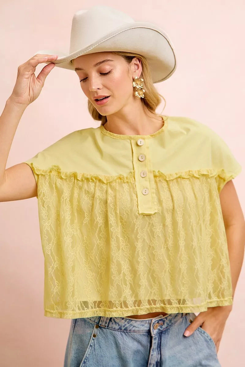 BiBi Solid Jersey With Lace Combo Ruffled Buttoned Top