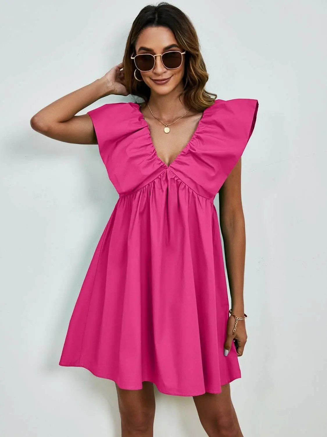 Trendsi V-neck cap sleeve mini dress