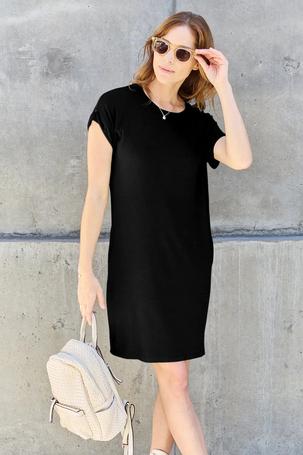 Trendsi Basic Bae Bamboo Dress Black Small Round Neck with Pockets