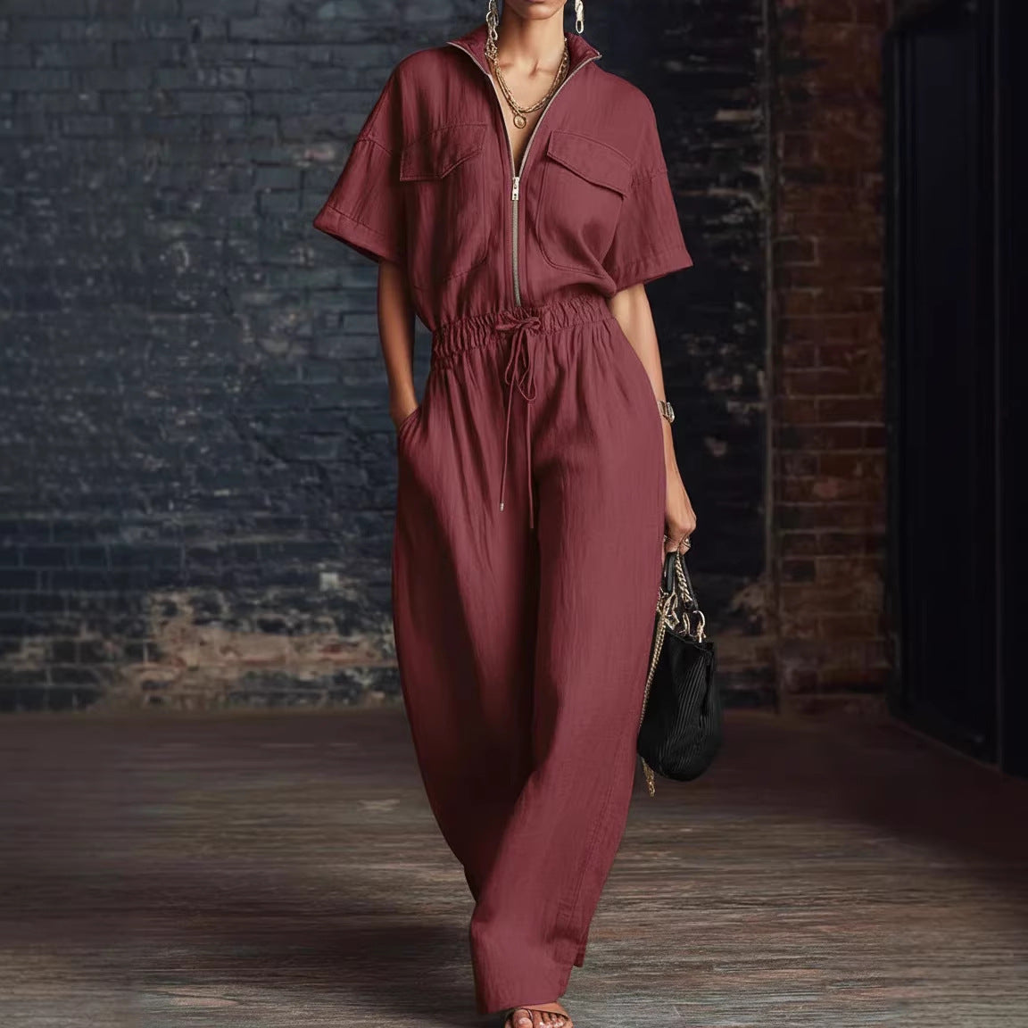 Women’s Stand Collar Sleeveless Wide-Leg Jumpsuit
