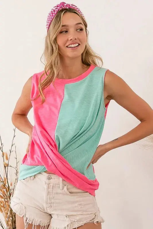 Women's Tank Top - Slub Terry Color Block Twisted - Casual