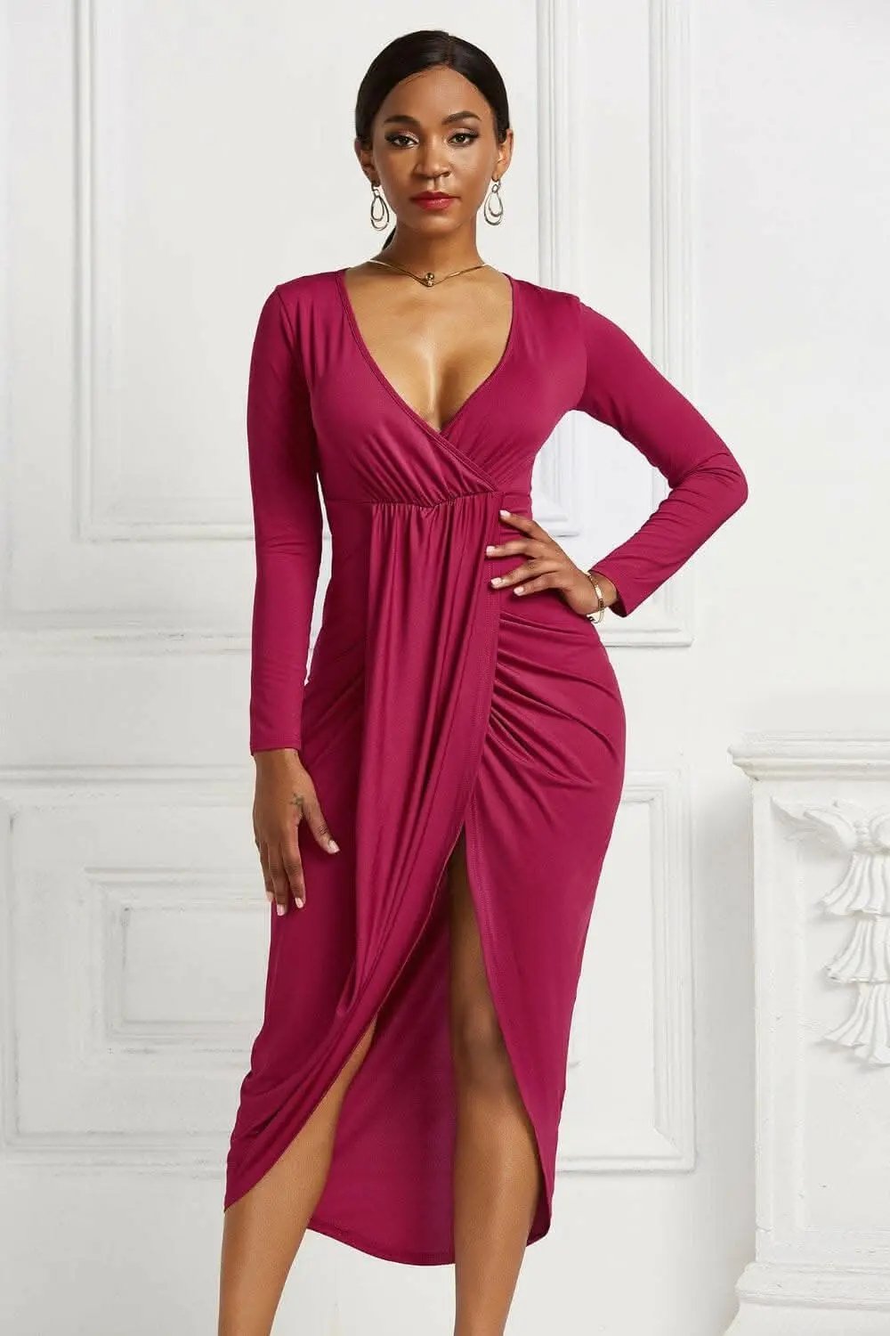 Trendsi Elegant ruched surplice dress
