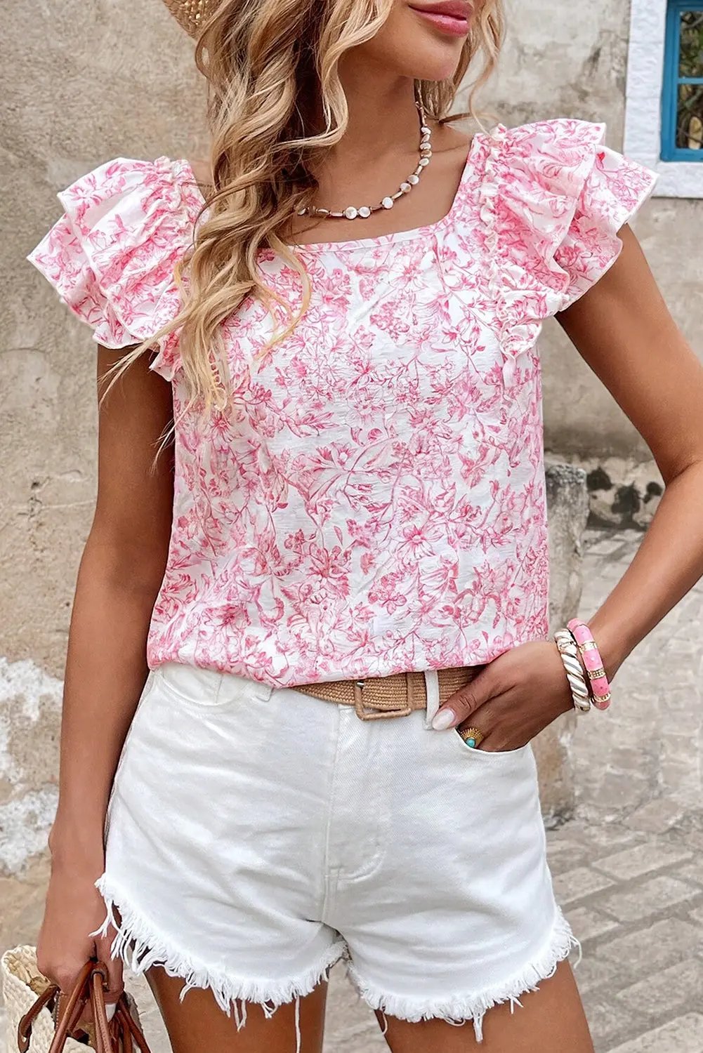 Love Salve Pink Floral Blouse Daily/Vacation Women's Top Ruffle Sleeve Bow Back