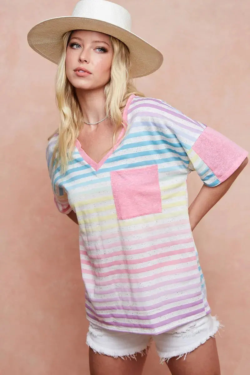 Women's Tee - Rainbow Stripe - Casual Knit Top