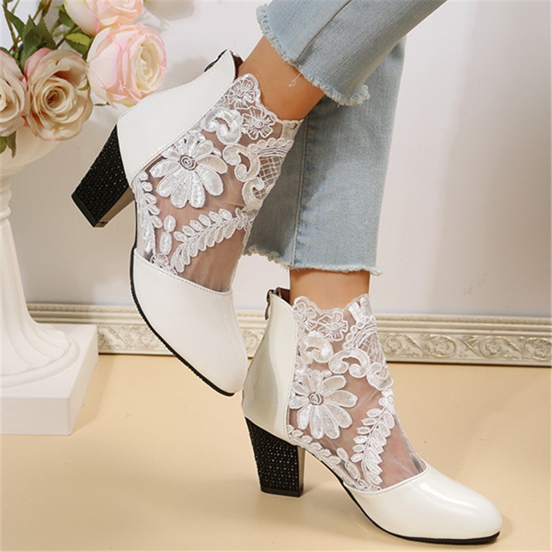 Lace-Embroidered Mesh Chunky-Heel Ankle Boots | Black & White EU 35–43