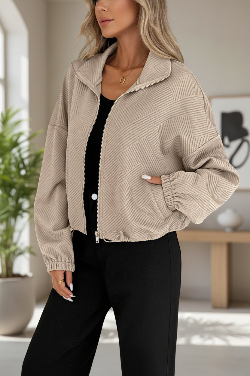 Women's Oversized Zip-Up Jacket with Pockets – High Neck Textured Coat