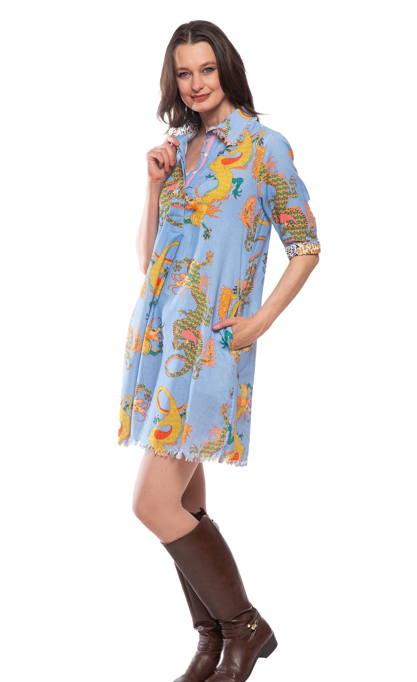 Chatham Dress Blue Dragon Print