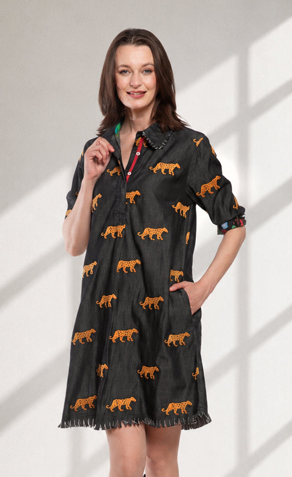 Chatham Dress Black Cheetah Embroidery Dress