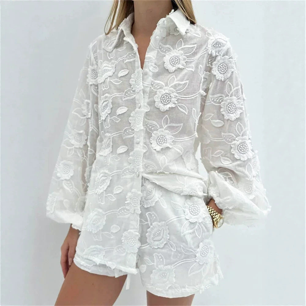 Embroidered Cotton Shirt & Shorts Two-Piece Set