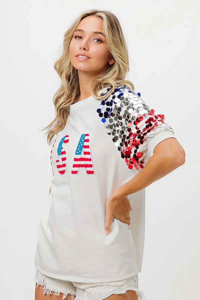 Women's Tee - Sequin American Flag - Patriotic USA Made