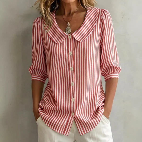 Striped V-Neck Top – Three-Quarter Sleeve Casual Shirt