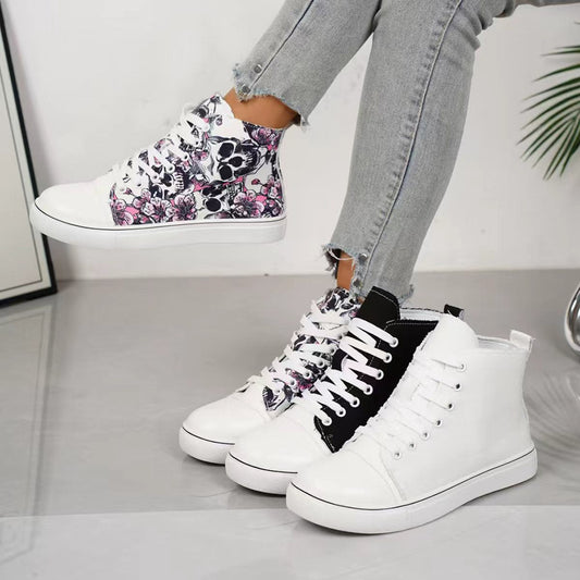 Women's High-Top Canvas Sneakers – Lace-Up Casual Flat Shoes
