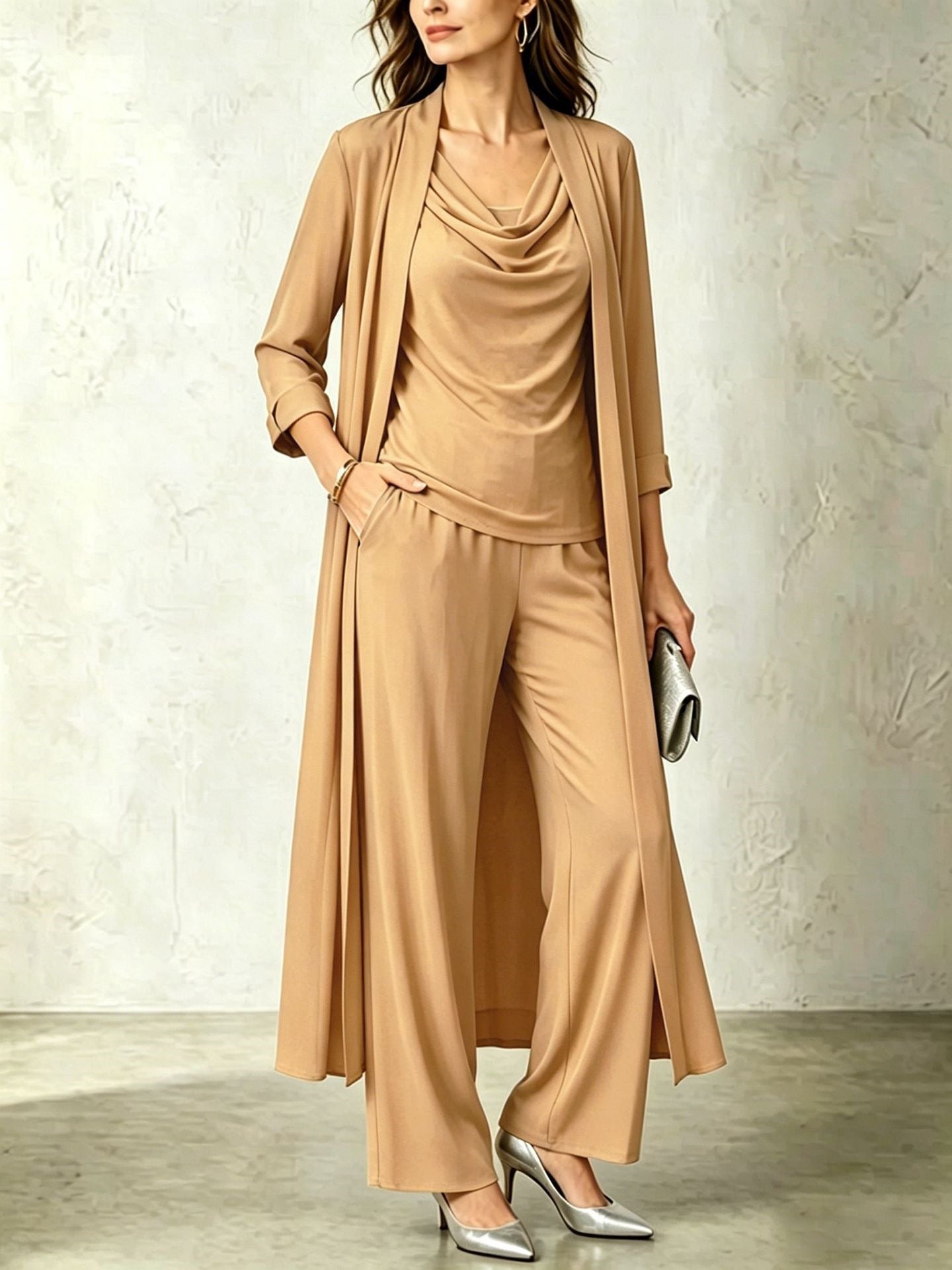 Long Sleeve Swing Collar Cardigan & Wide-Leg Pants Three-Piece Set