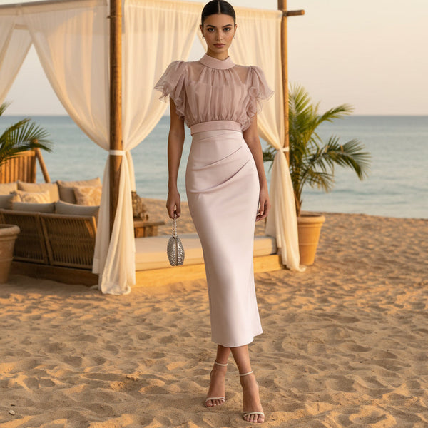 Pink Mesh Lace-Up Waist Two-Piece Dress Set – Elegant Long Skirt & Top