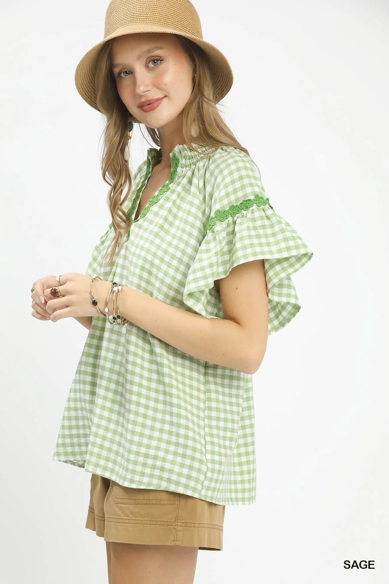 Umgee Gingham Lace Trim Top in Sage