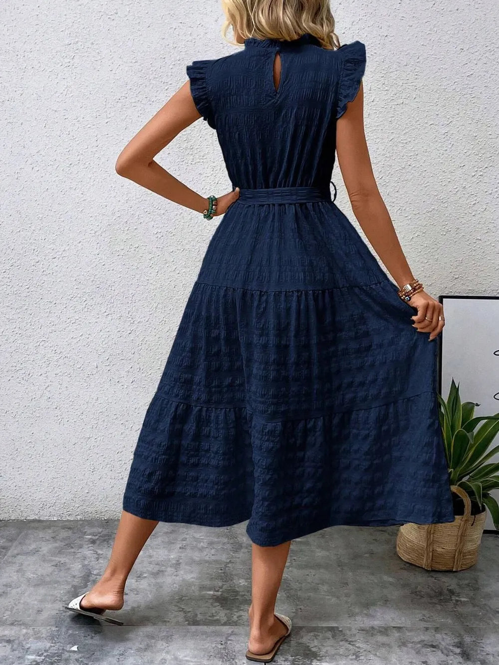 Tied Ruffled Cap Sleeve Midi Dress – Feminine Flowy Style