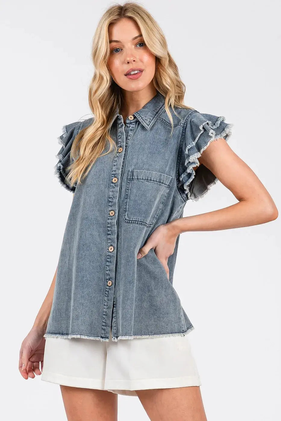 Denim Shirt - Ruffle Collared Short Sleeve - Casual Cute