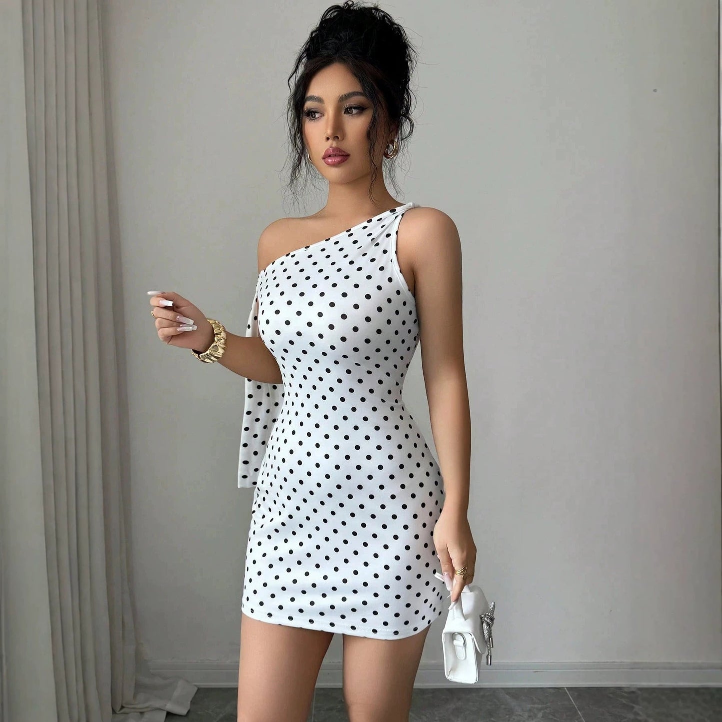 Polka Dot Off-Shoulder Strap Mini Dress – Slim Fit High Waist Bodycon