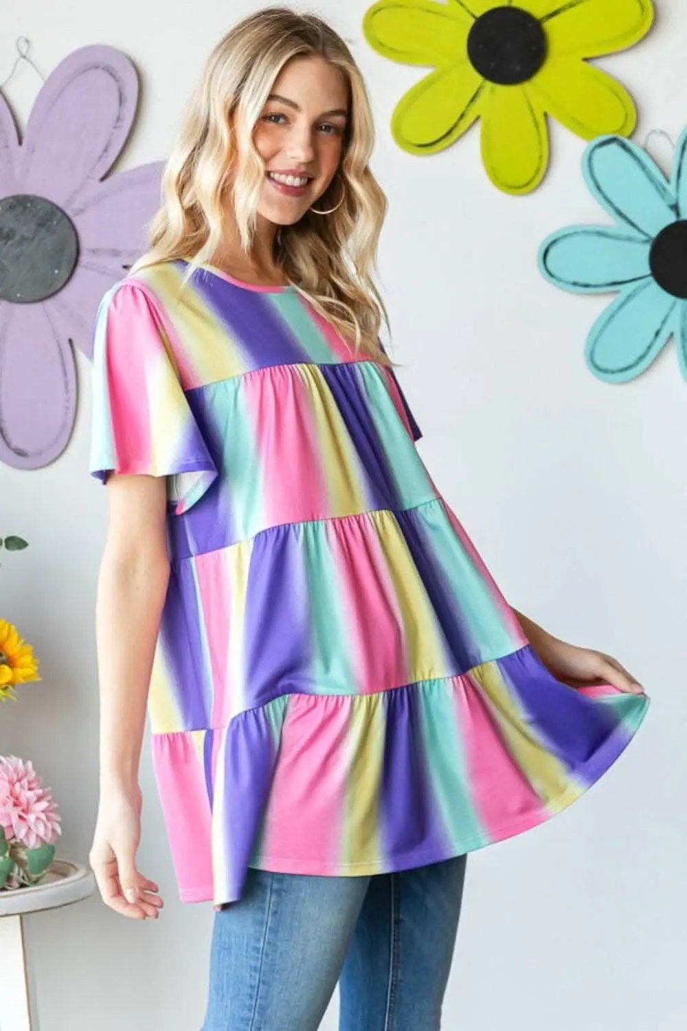 Trendsi just arrived - Heimish Full Size Short Sleeve Striped Tiered T