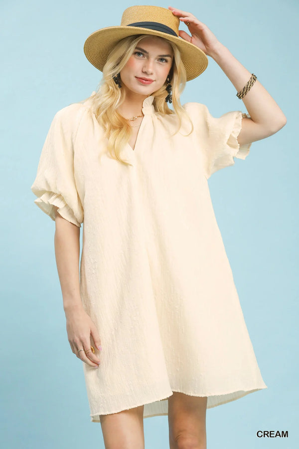 Umgee Linen Blend Ruffle Dress in Cream