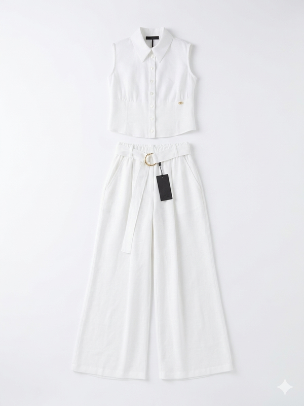 FUNFUN - Girls Collared Sleeveless Top & Wide Leg Pants, White