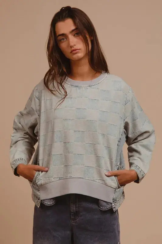 Denim Top - Mineral Washed Checkered - Casual Round Neck