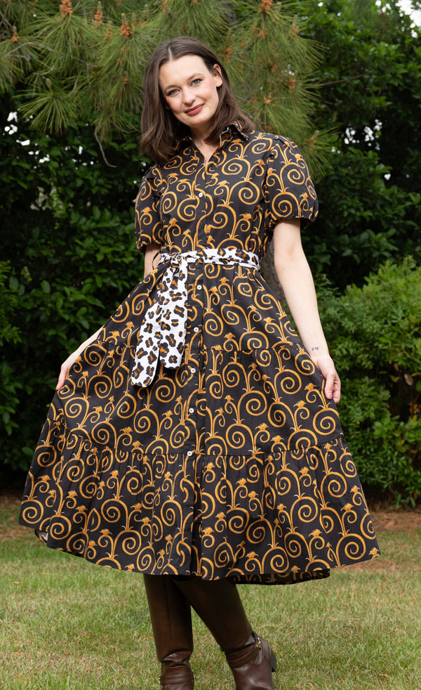 Litchfield Dress Black and Gold Swirl Print
