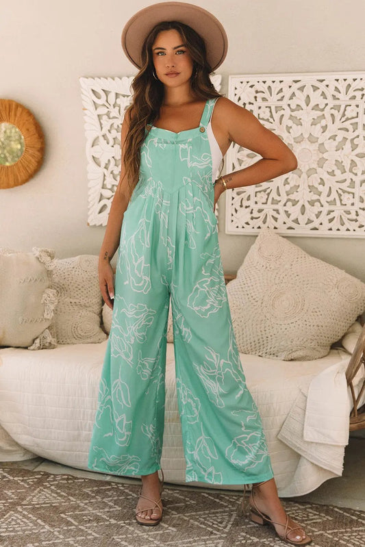 Overalls Jumpsuit - Green Printed Wide Leg - Casual Style