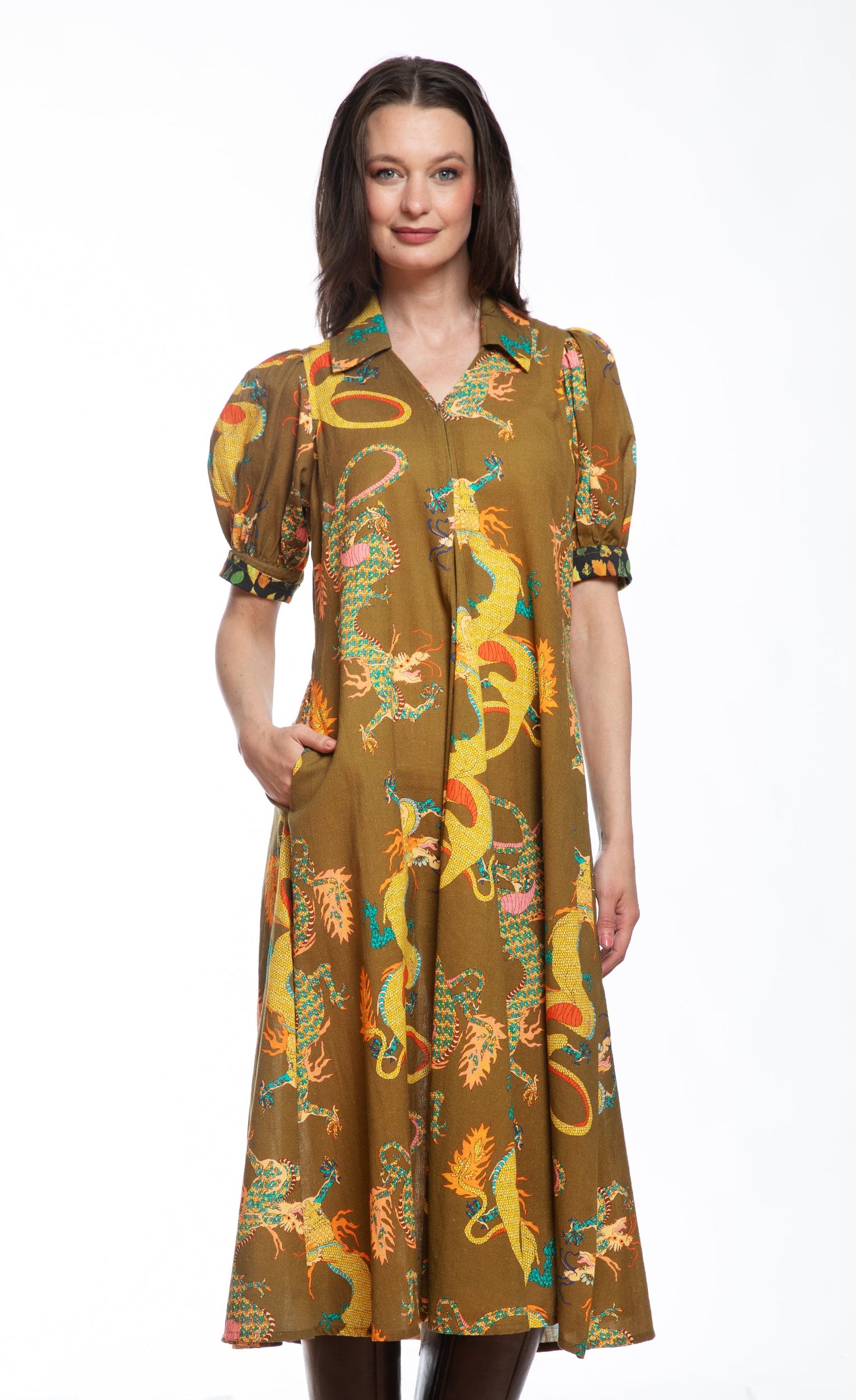 Montauk Dress Olive Dragon Print