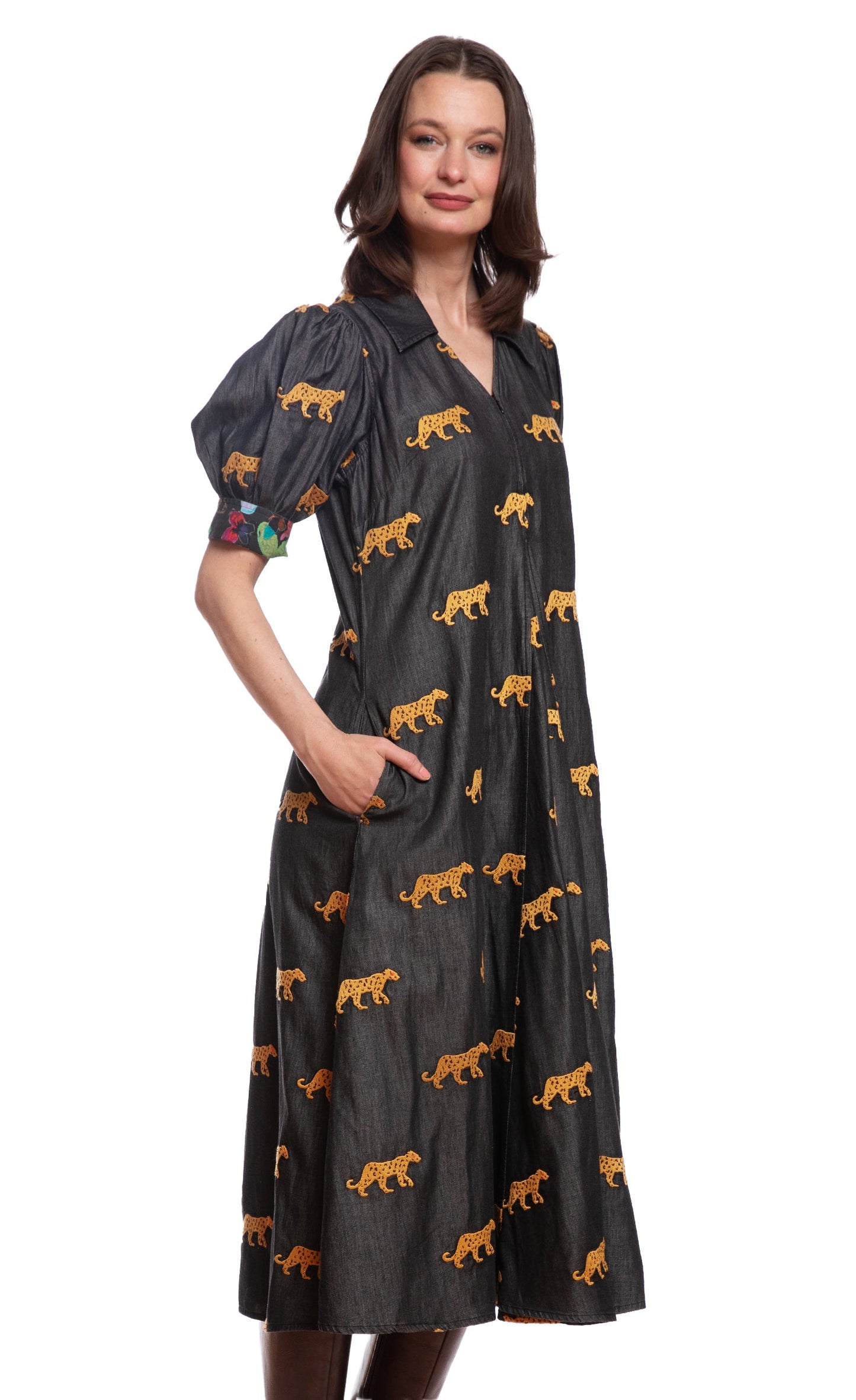 Montauk Dress Black with Embroidered Cheetahs