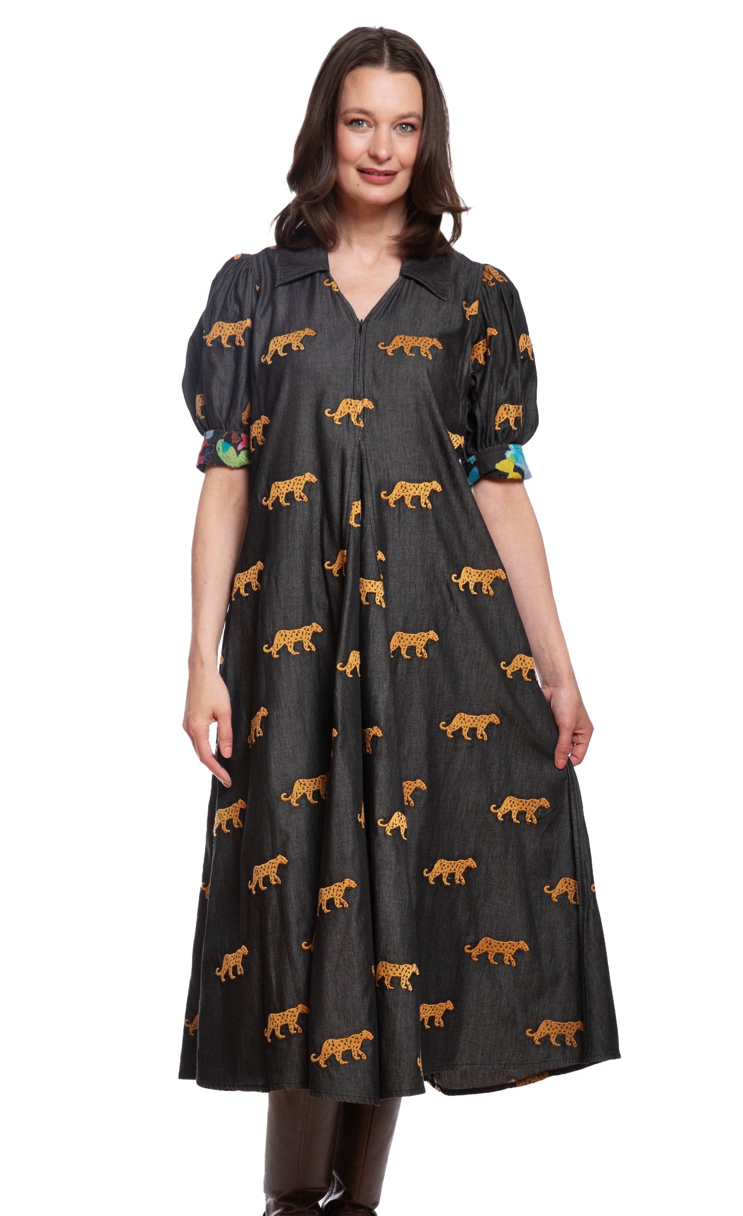 Montauk Dress Black with Embroidered Cheetahs