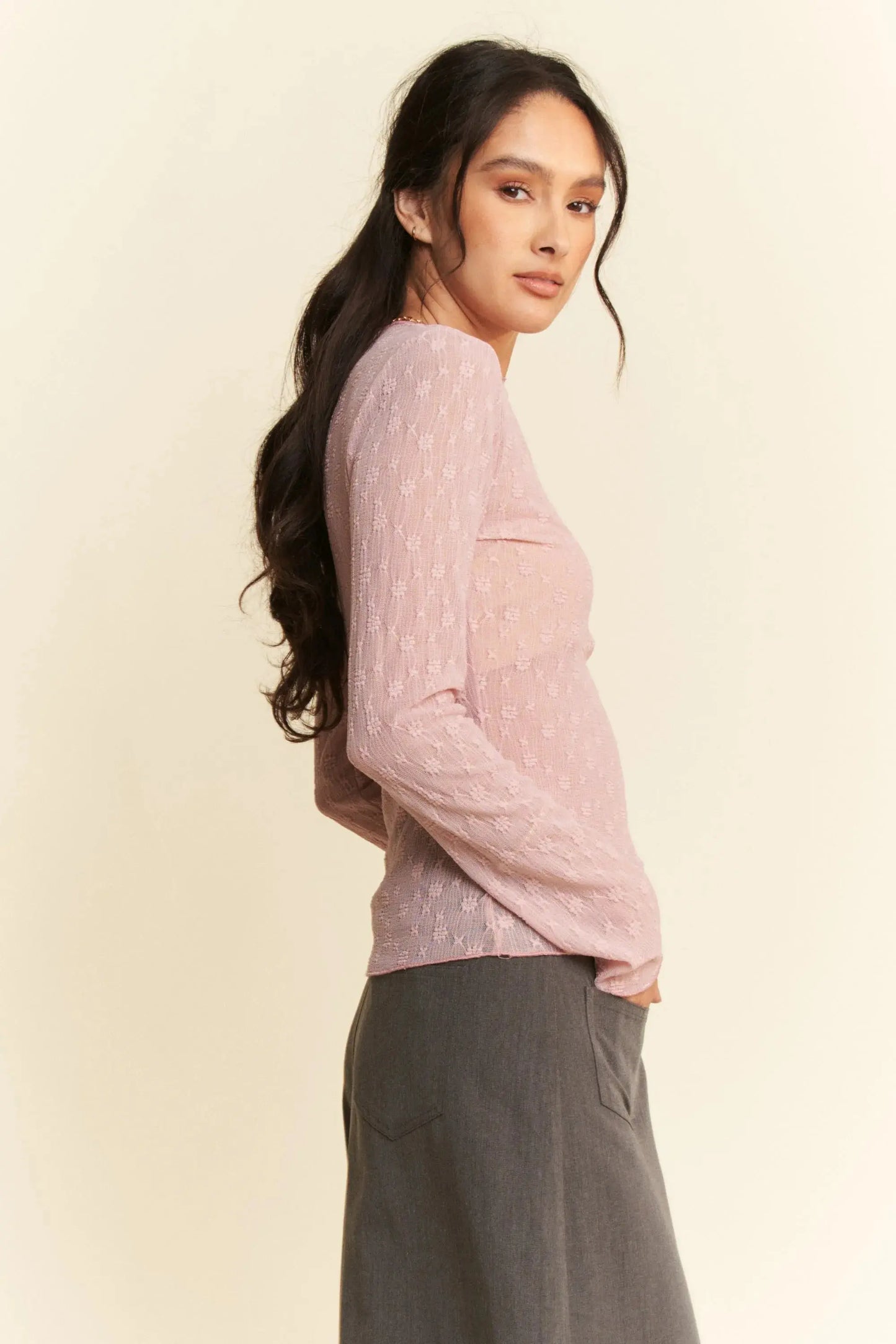 Sheer Lace Top - Embroidered Bows - Women's Long Sleeve