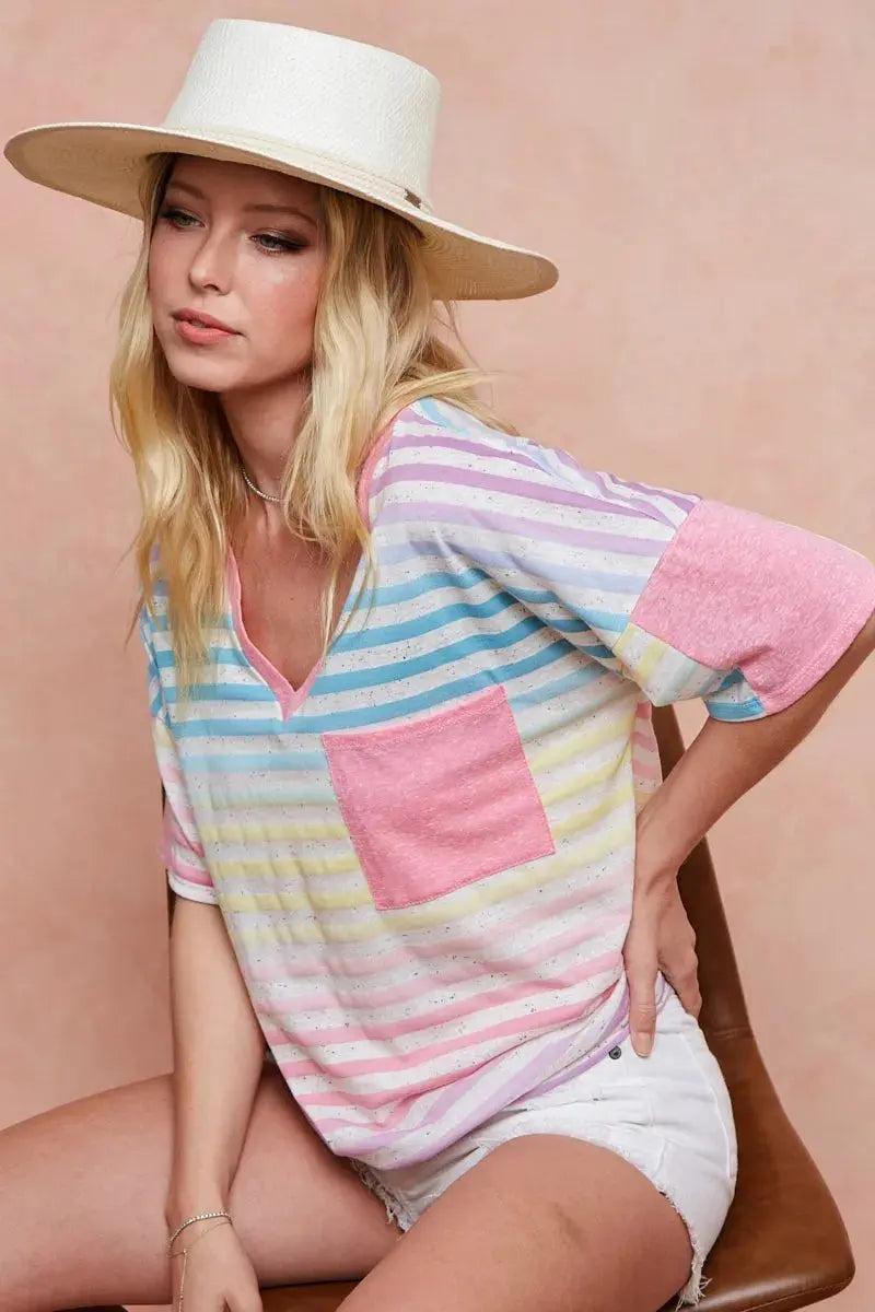 Women's Tee - Rainbow Stripe - Casual Knit Top