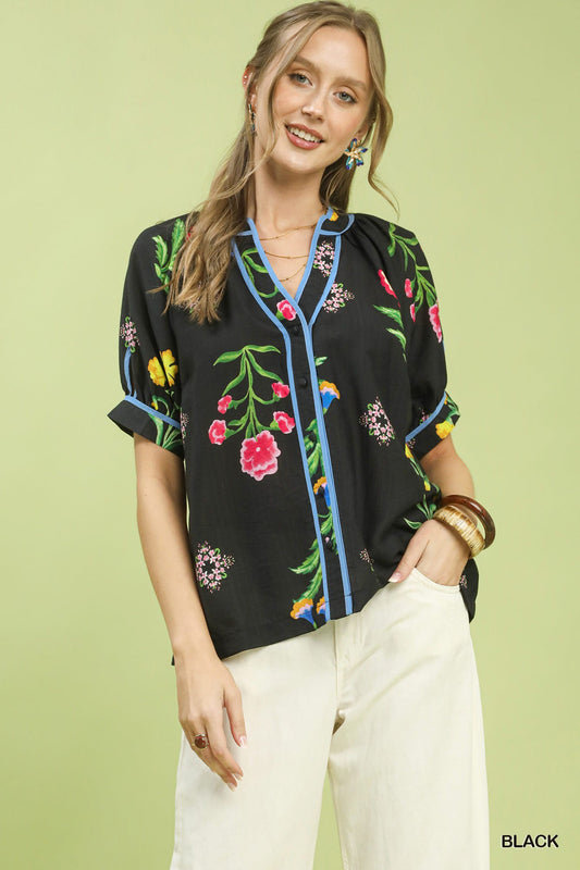 Umgee Botanical Print Contrast Trim Button Blouse - Black Sz L