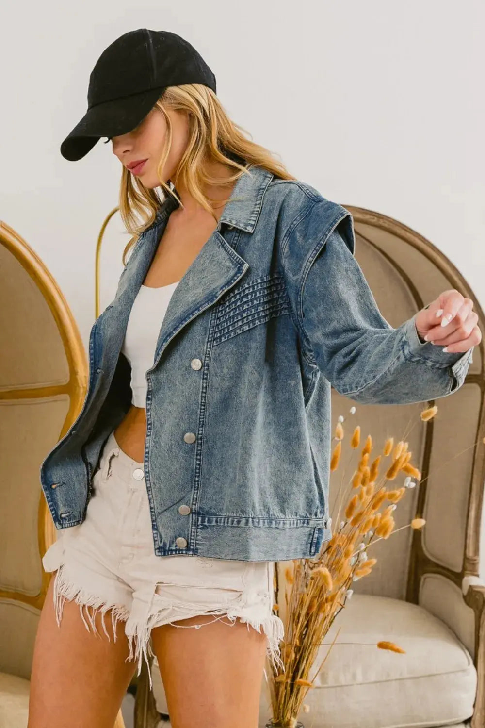 Women's Denim Jacket - Button Up Long Sleeve - Casual Style