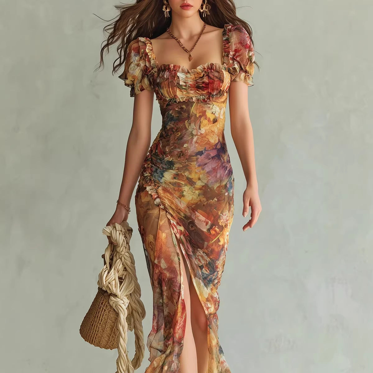 V-Neck Waist-Cinched Ruffle Hem Maxi Dress – Bodycon Long Dress in Ora –