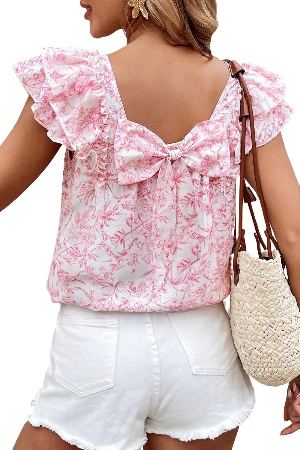 Love Salve Pink Floral Blouse Daily/Vacation Women's Top Ruffle Sleeve Bow Back