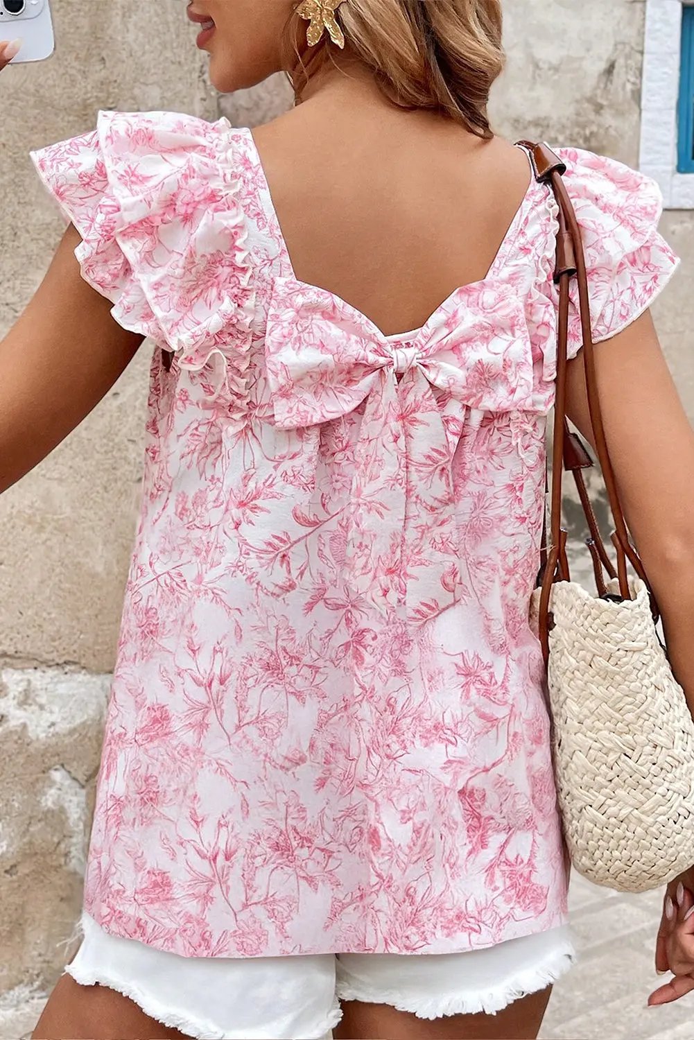 Love Salve Pink Floral Blouse Daily/Vacation Women's Top Ruffle Sleeve Bow Back