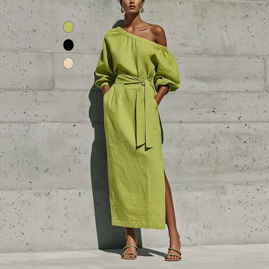 Women's Asymmetric Neck Linen Maxi Dress – Belted with Side Slit & Pockets