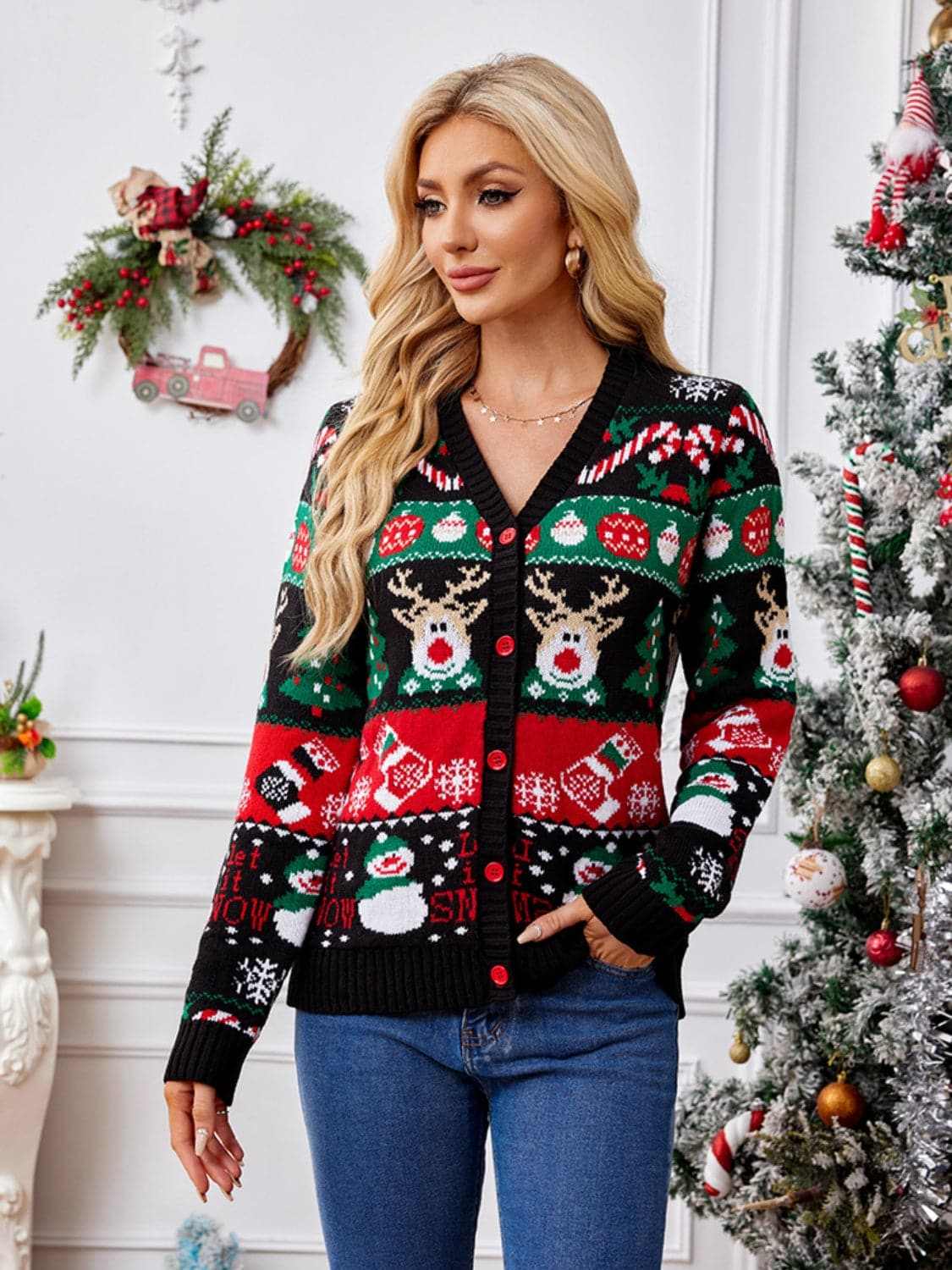 Trendsi Reindeer Print Cardigan for Women