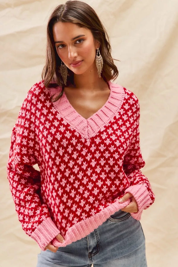 SO ME Color Block Textured Christmas Sweater V Neck Top