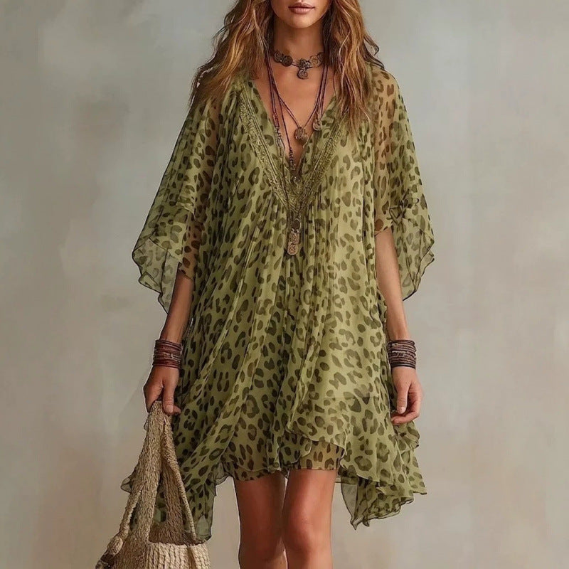 Women's V-Neck Leopard Print Chiffon Beach Cover-Up Dress –