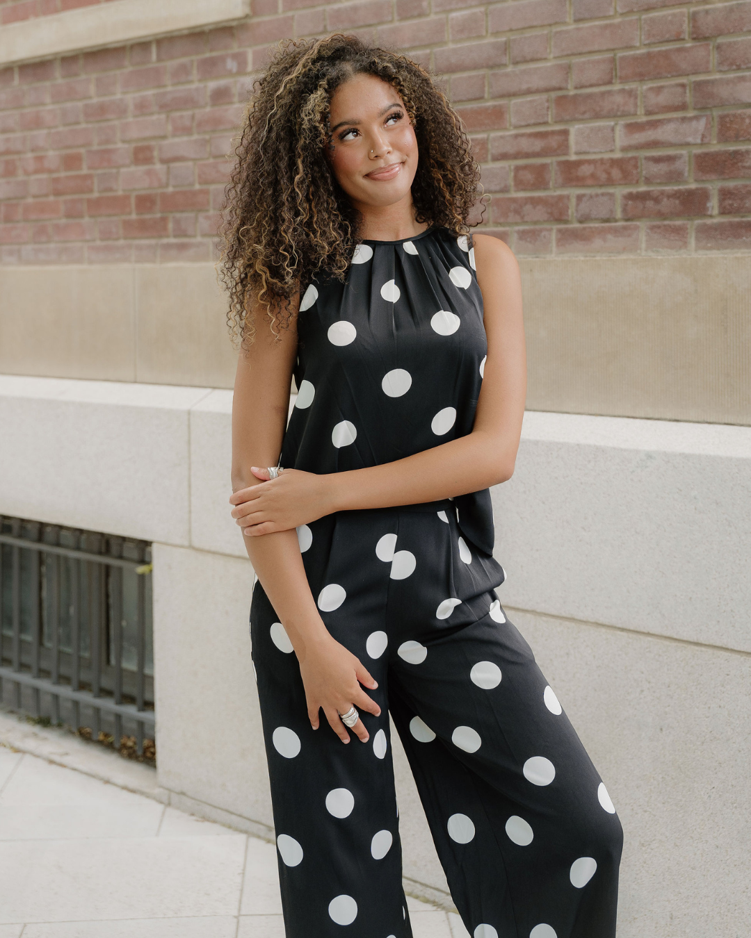 Paris Polka Dot Print Pleated Round Neck Tank Wide Leg Two-Piece Outfit